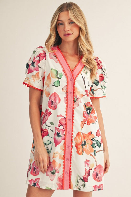 Pink Scallop Trim Floral Dress