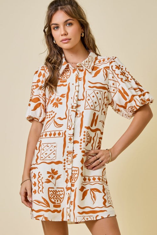 Caramel Print Button Down Dress