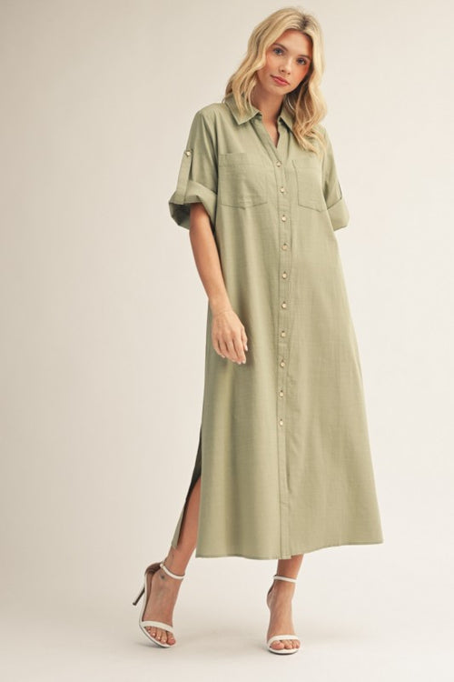 Sage Button Down Midi Dress