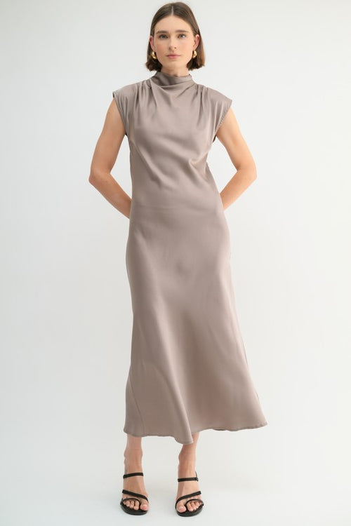 Satin Mock Neck Midi Dress