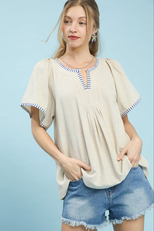 Cotton Linen Stripe Trim Top