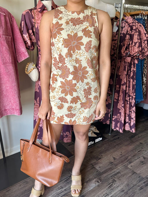 Caramel Floral Sleeveless Dress