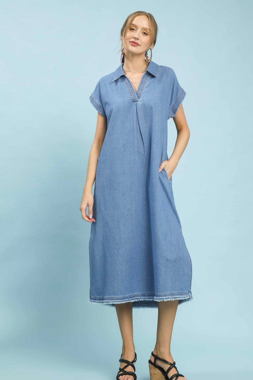 Collared Denim Midi Dress