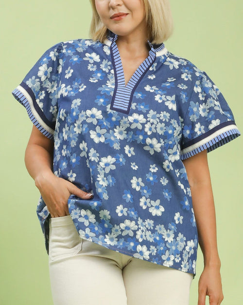 Blue Floral Stripe Trim Top