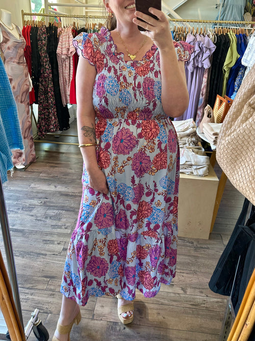 Floral Scallop Trim Midi Dress