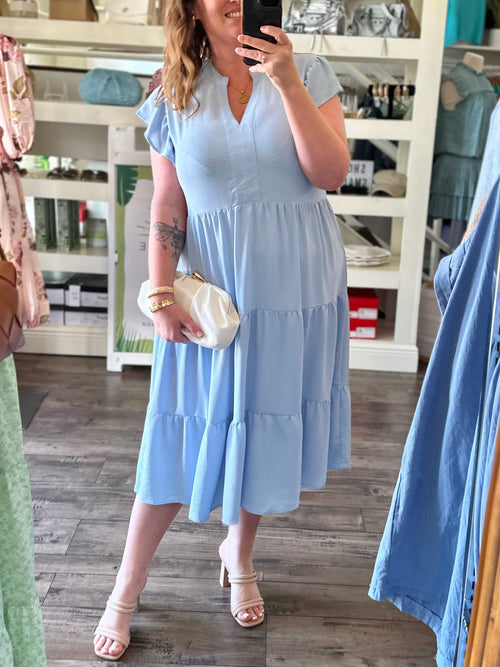 Curvy Light Blue Tiered Midi Dress