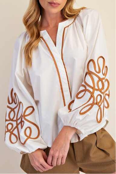 Ivory and Camel Trim Blouse