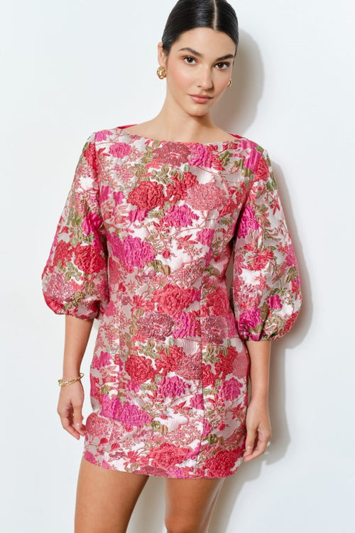 Metallic Pink Floral Jacquard Dress