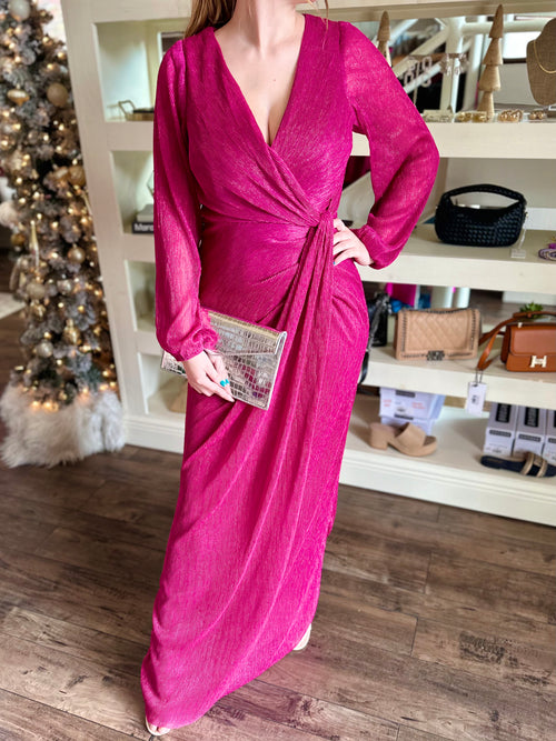 Magenta Shimmer Long Sleeve Gown