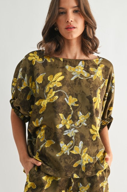 Silky Olive Floral Top