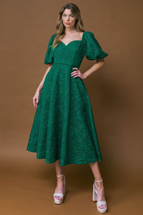 Green Floral Textured Midi Dress