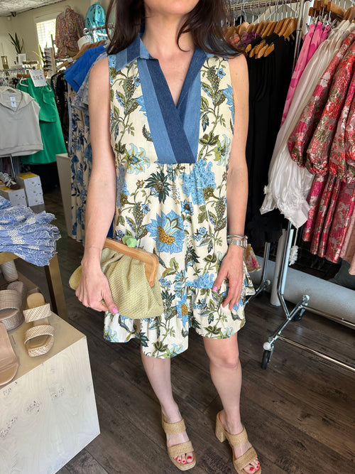 Blue Floral Pattern Sleeveless Dress