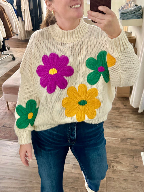 Mardi Gras Flower Embroidered Sweater