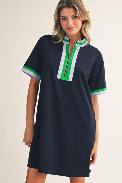 Curvy Navy and Green Trim Mini Dress