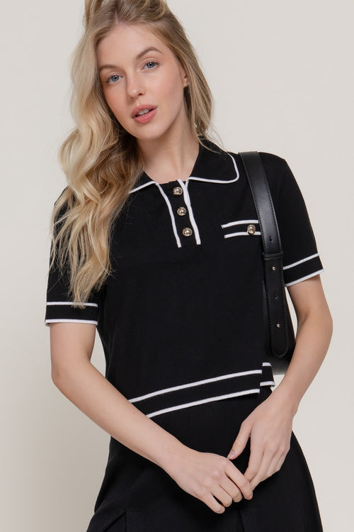Black and White Collared Knit Top