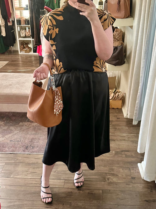 Curvy Black Satin Midi Skirt