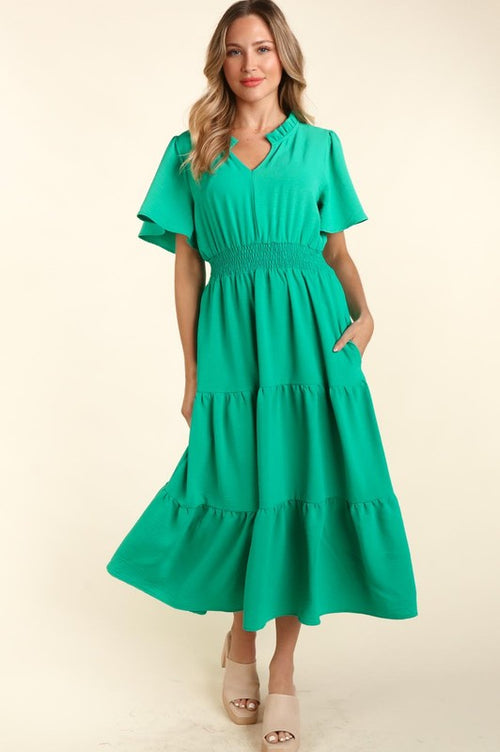 Curvy Green Smock Waist Midi Dress