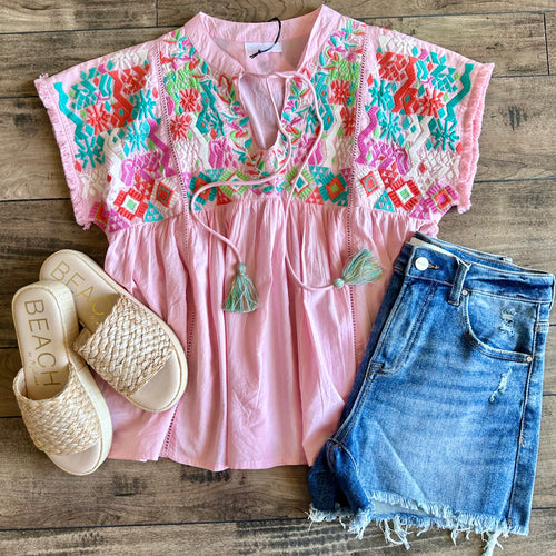 Pink Embroidered Babydoll Top