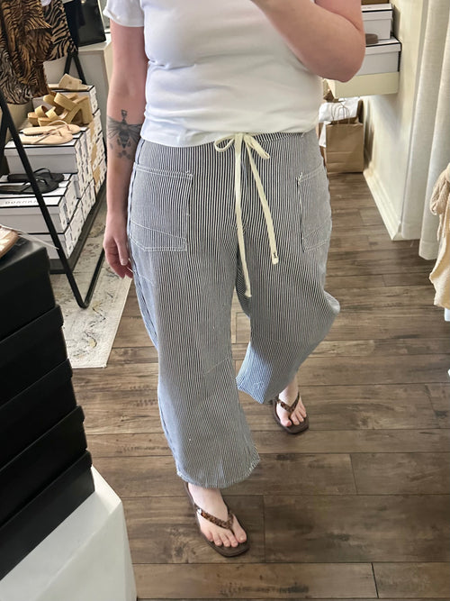 Blue and White Stripe Barrel Jeans