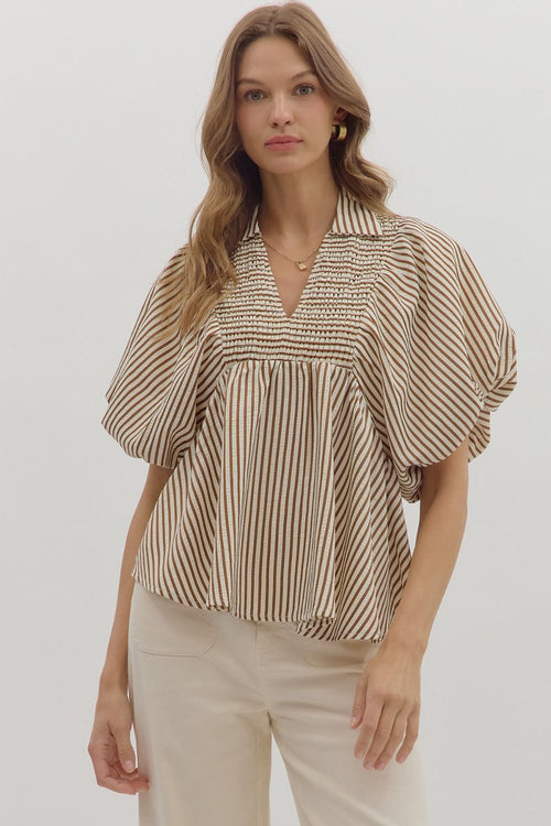 Caramel Striped Ruched Top