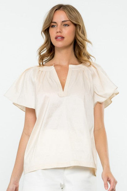 Cream Pleat V-Neck Top