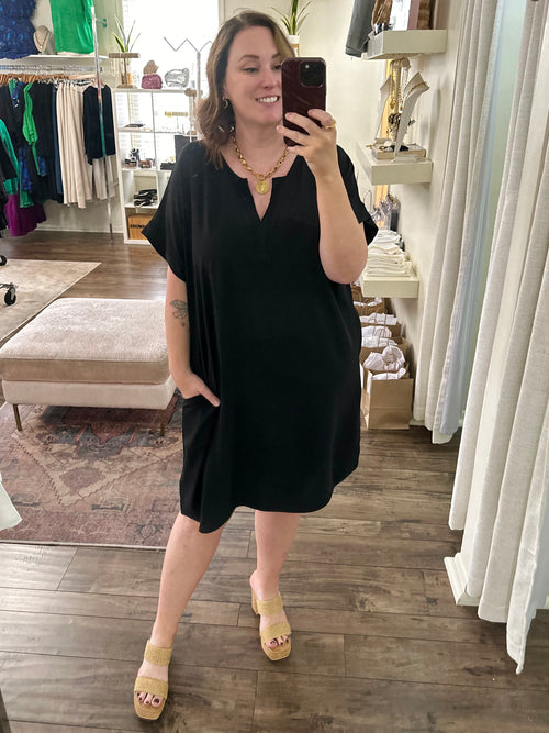 Curvy Black Split Neck Dress