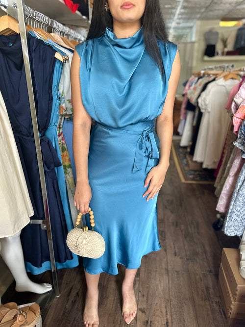 Satin Cowl Neck Midi Dress