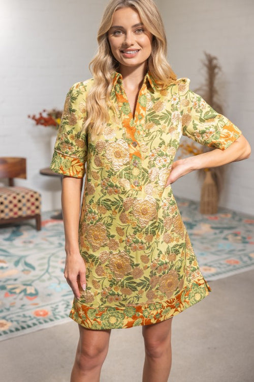 Citrus Gold Floral Jacquard Dress