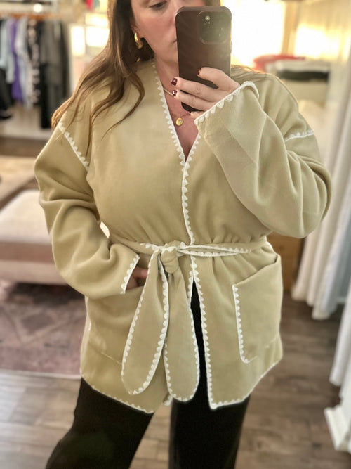 Contrast Trim Belted Cardigan