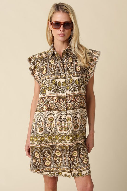 Olive Print Linen Blend Dress