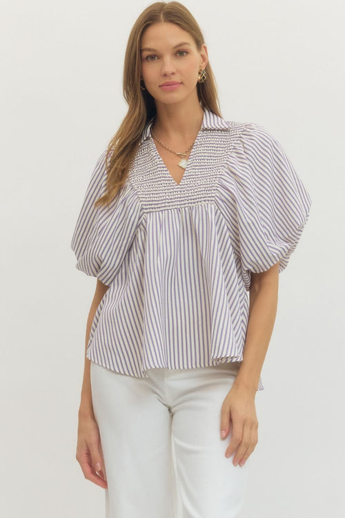 Stripe Ruched Puff Sleeve Top