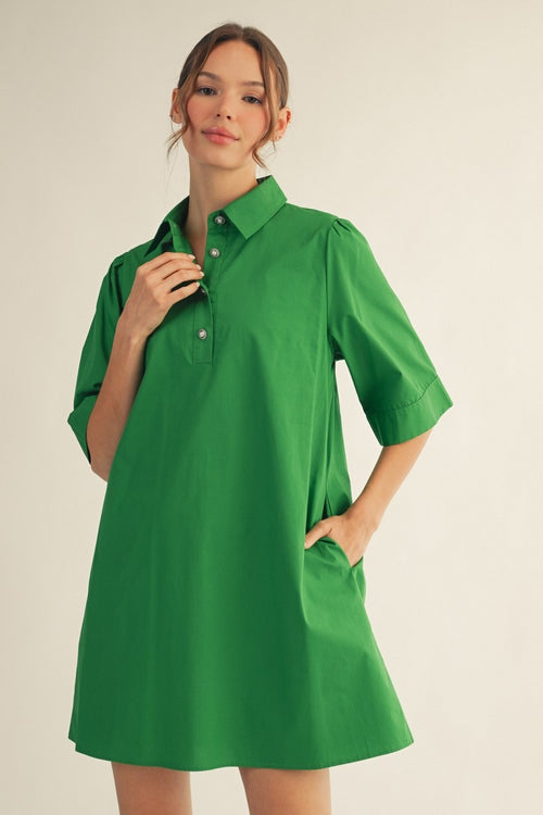 Green Pearl Button Shirt Dress