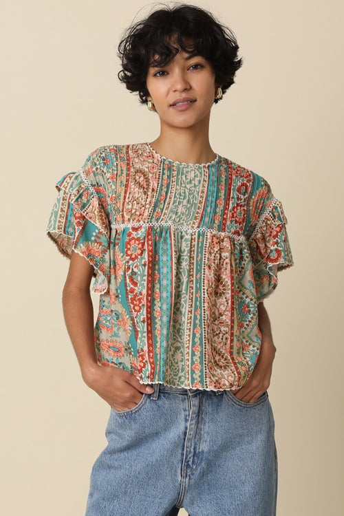 Teal and Coral Paisley Top