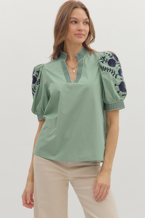 Teal Embroidered Detail Top
