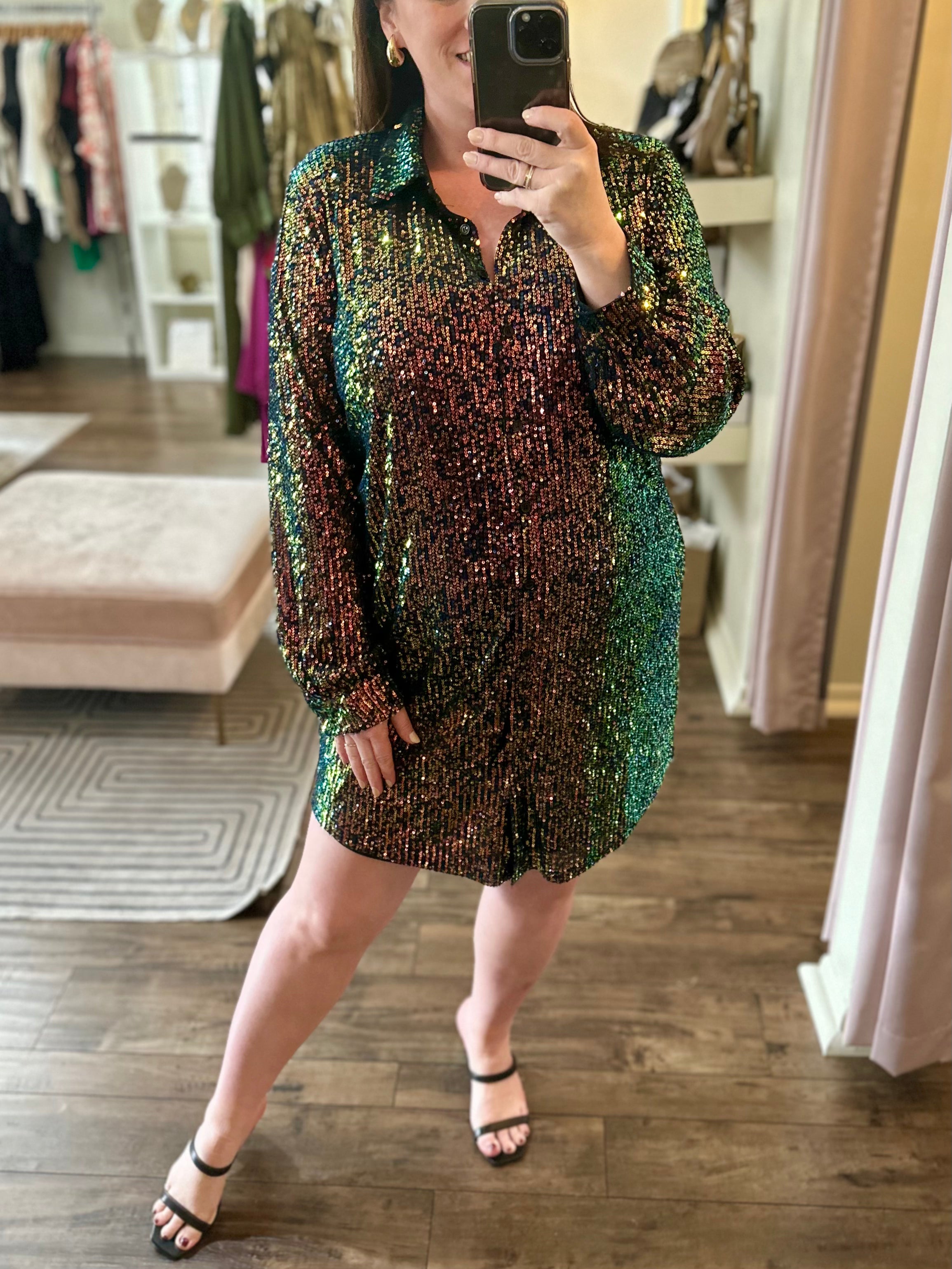 Curvy Iridescent Sequin Shirt Dress