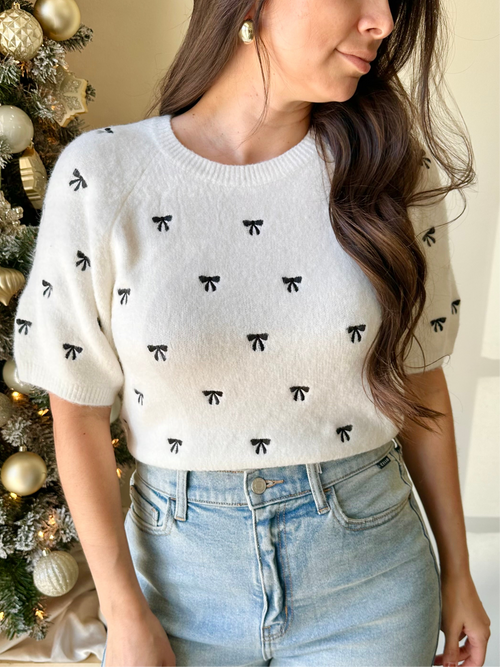 Bow Embroidered Crop Sweater