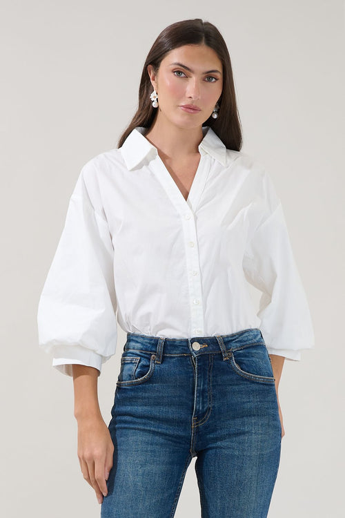 White Puff Sleeve Button Down Top
