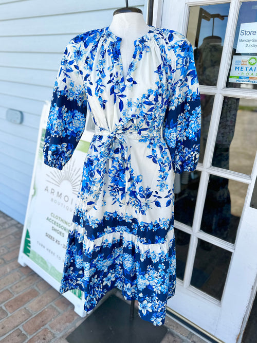 White and Blue Floral Midi Dress