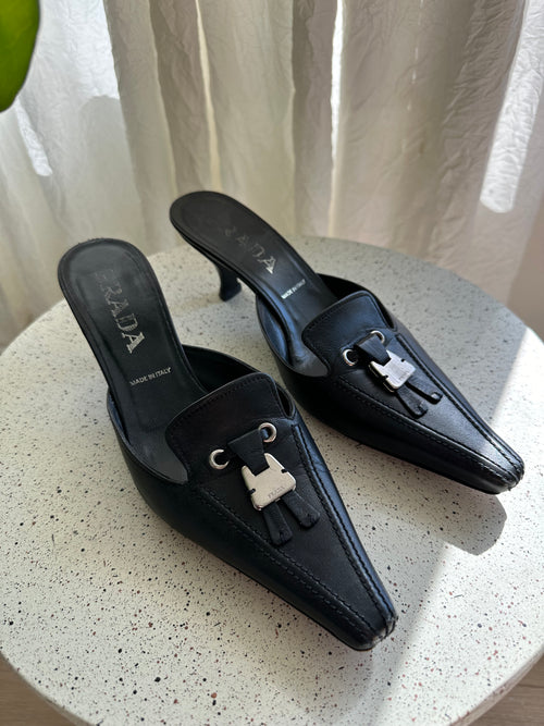 Black Leather Prada Mule Heels
