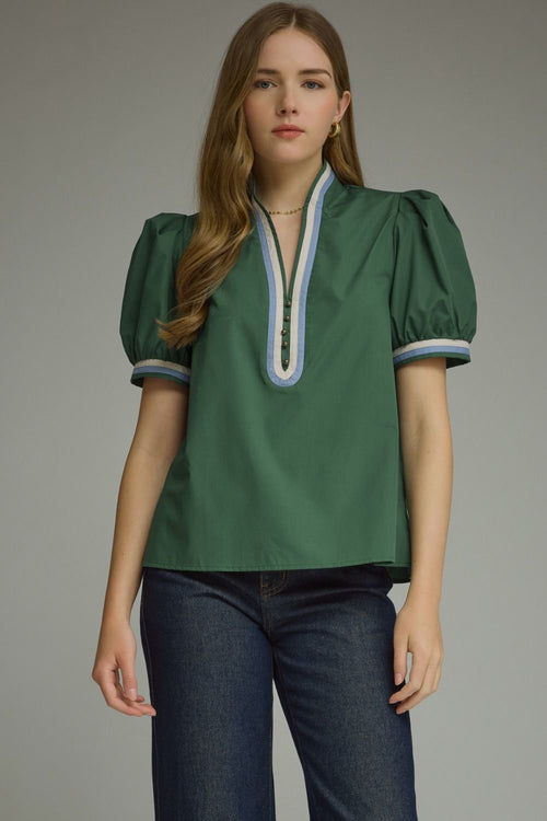 Green Contrast Stripe Trim Top