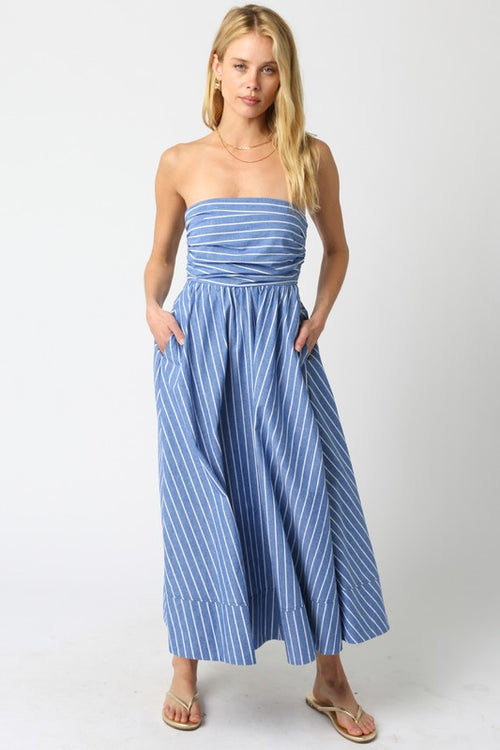 Blue and White Stripe Strapless Dress