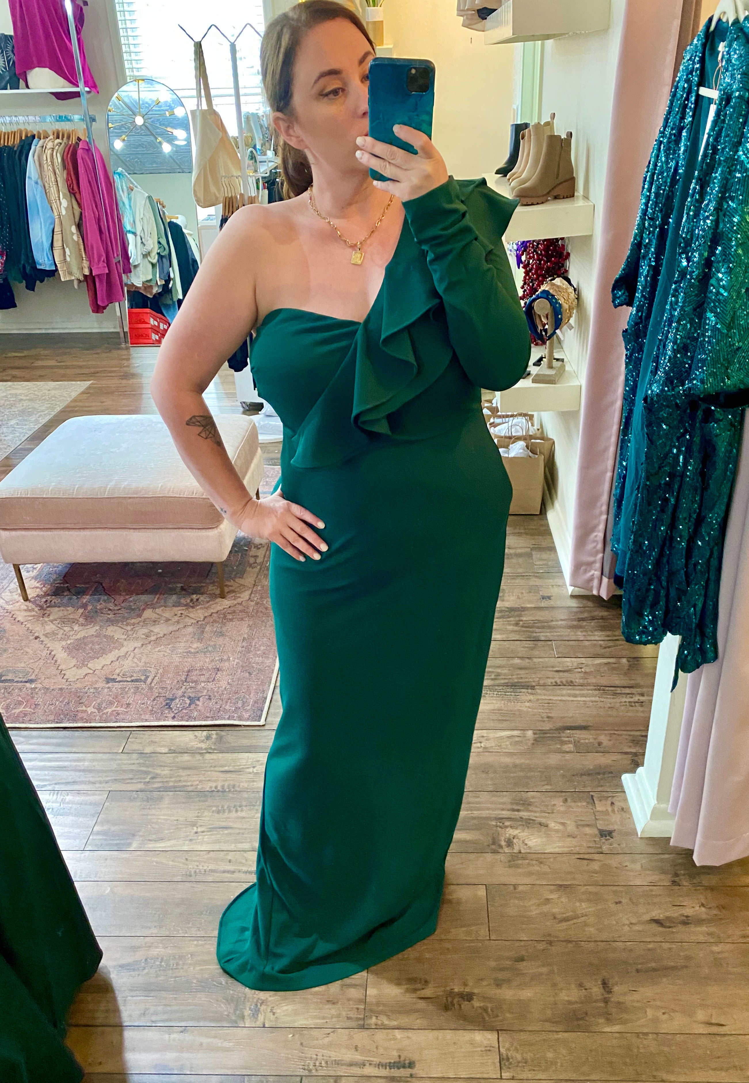 Curvy Green One Sleeve Gown