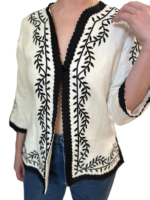 Cream and Black Embroidered Linen Jacket