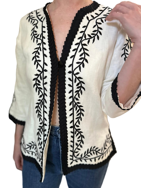 Cream and Black Embroidered Linen Jacket