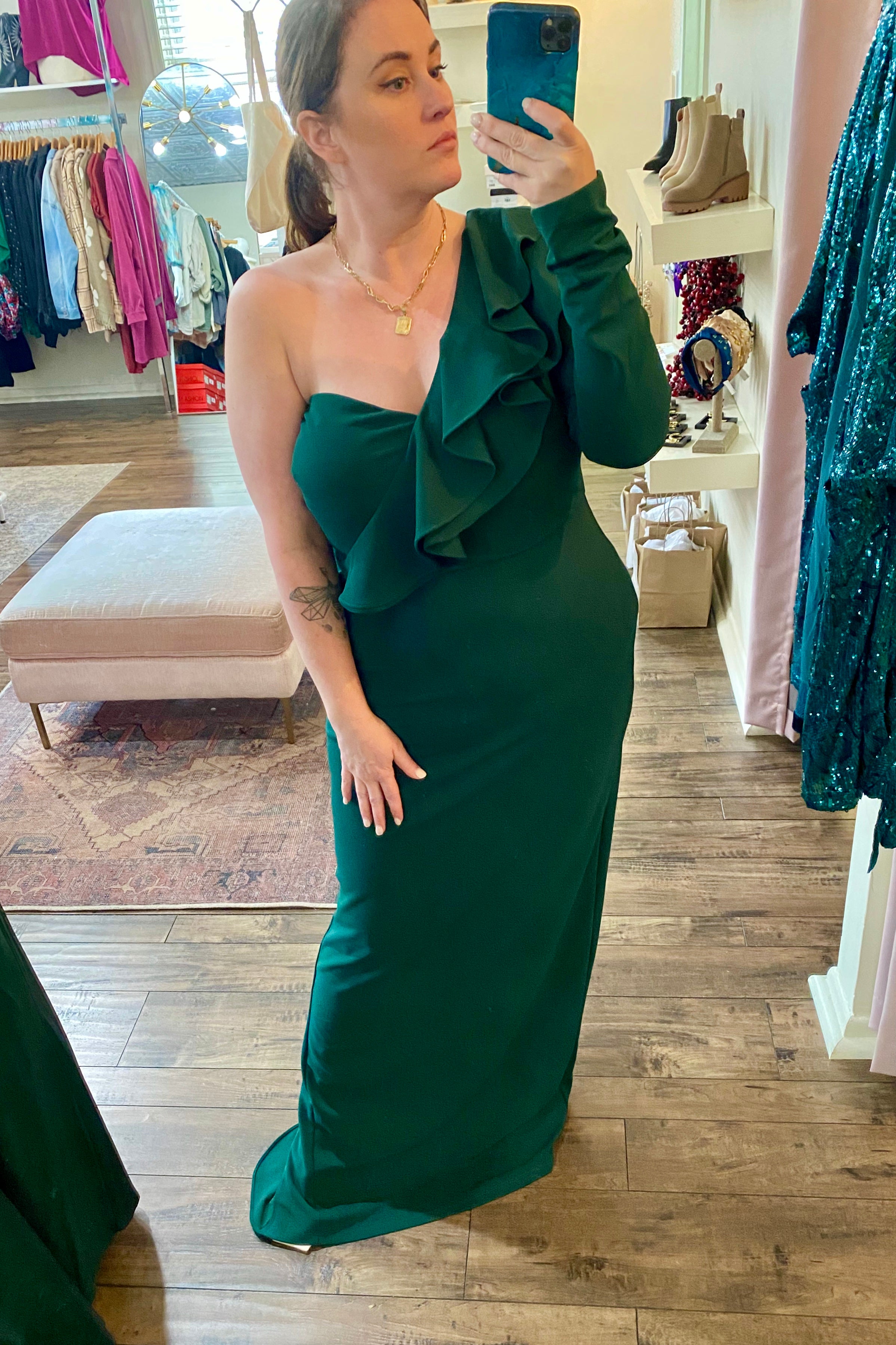 Curvy Green One Sleeve Gown