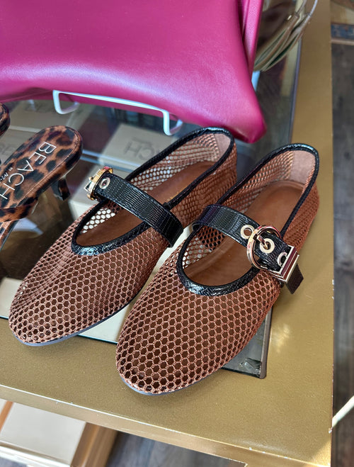 Brown Mesh Mary Jane Flats