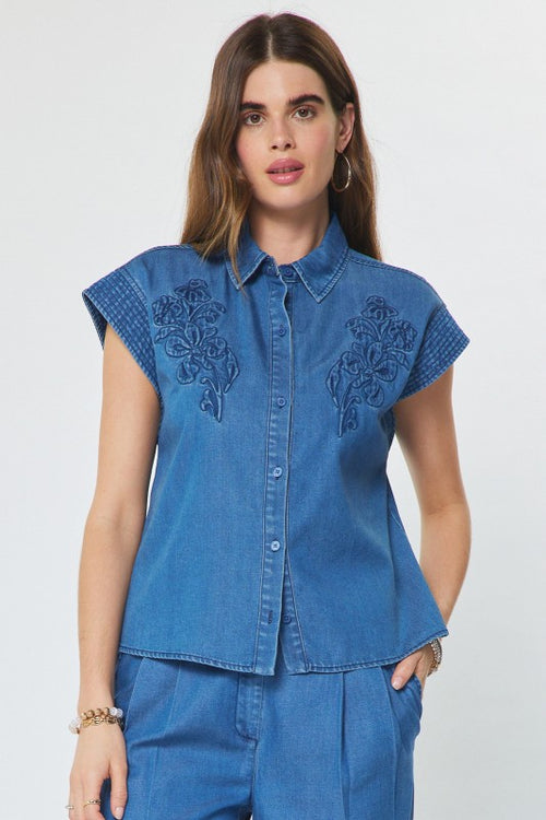 Denim Embroidered Top