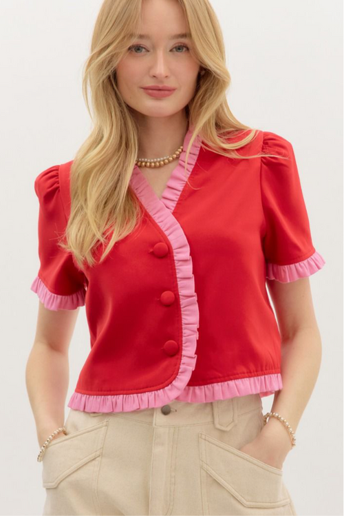 Red and Pink Frill Button Down Top