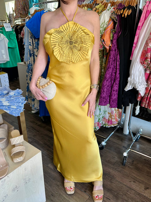 Yellow Flower Halter Maxi Dress