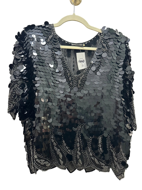 Vintage Black Paillette Sequin and Beaded Silk Top